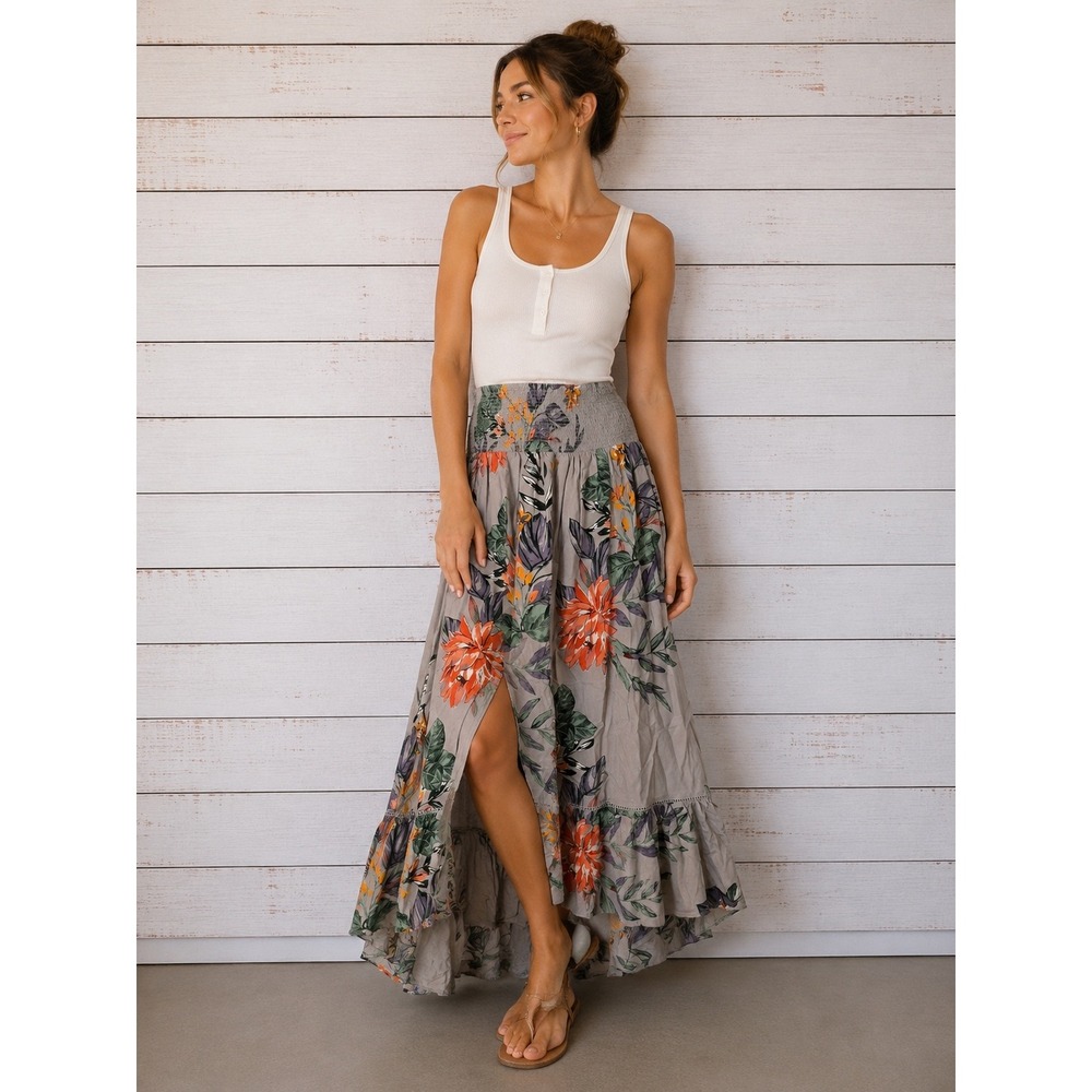 Pans of Peace Maxi Skirt Womens S Gray Floral Boho Smocked Waist Rayon Split Hem